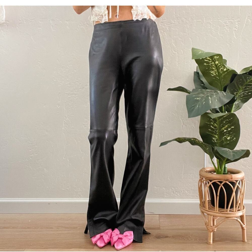 Vintage Designer 100% Leather Black Straight Leg Split Hem Pants